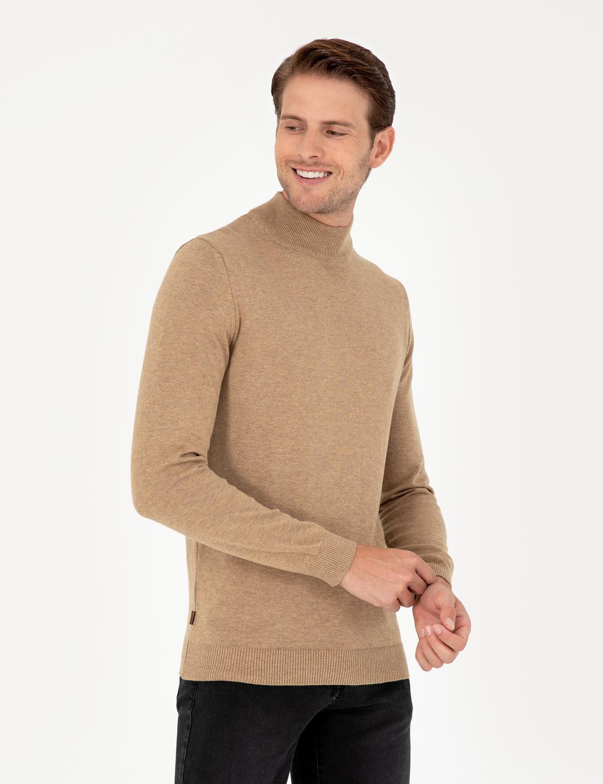 Camel Melanj Slim Fit Yarım Balıkçı Yaka Basic Triko Kazak