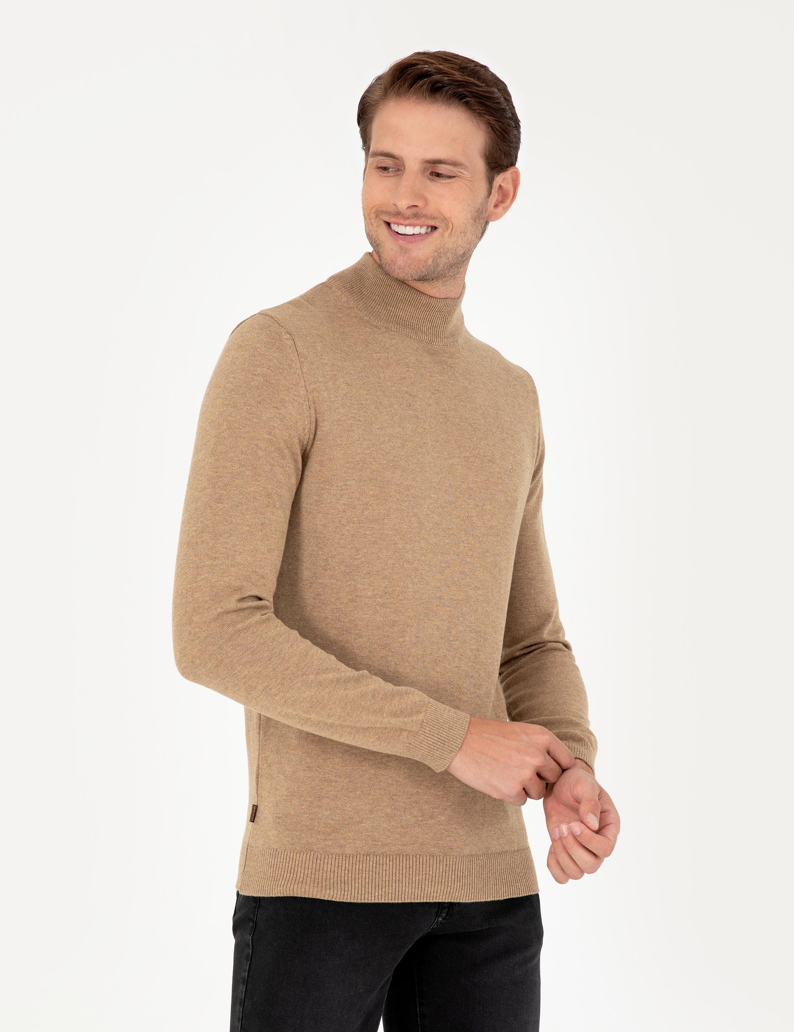 Camel Melanj Slim Fit Yarım Balıkçı Yaka Basic Triko Kazak