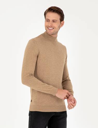 Camel Melanj Slim Fit Yarım Balıkçı Yaka Basic Triko Kazak