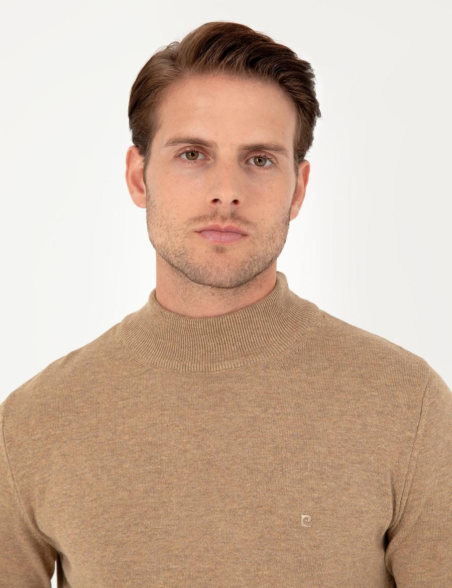 Camel Melanj Slim Fit Yarım Balıkçı Yaka Basic Triko Kazak