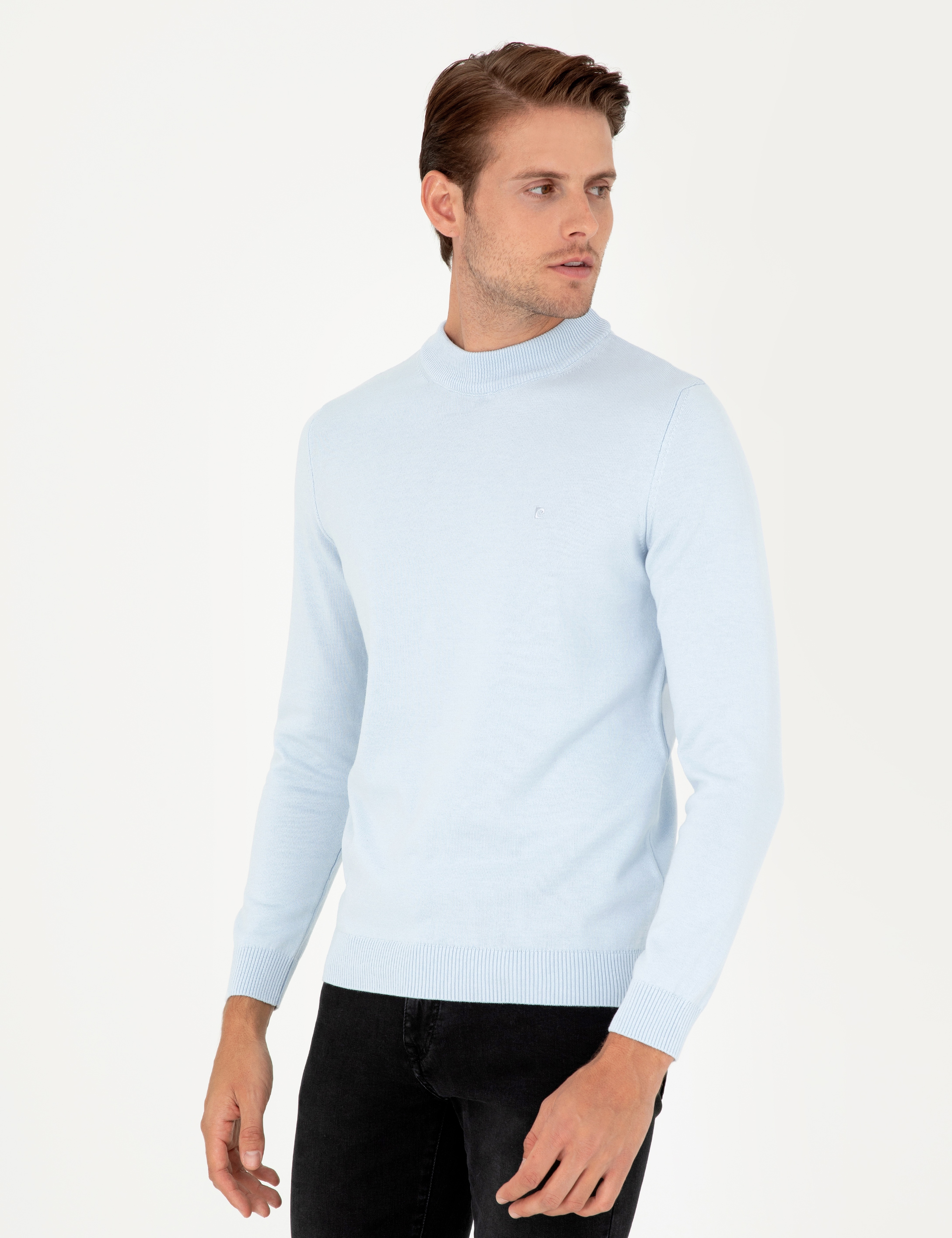 Açık Mavi Slim Fit Çeyrek Yaka Basic Triko Kazak - Image 1