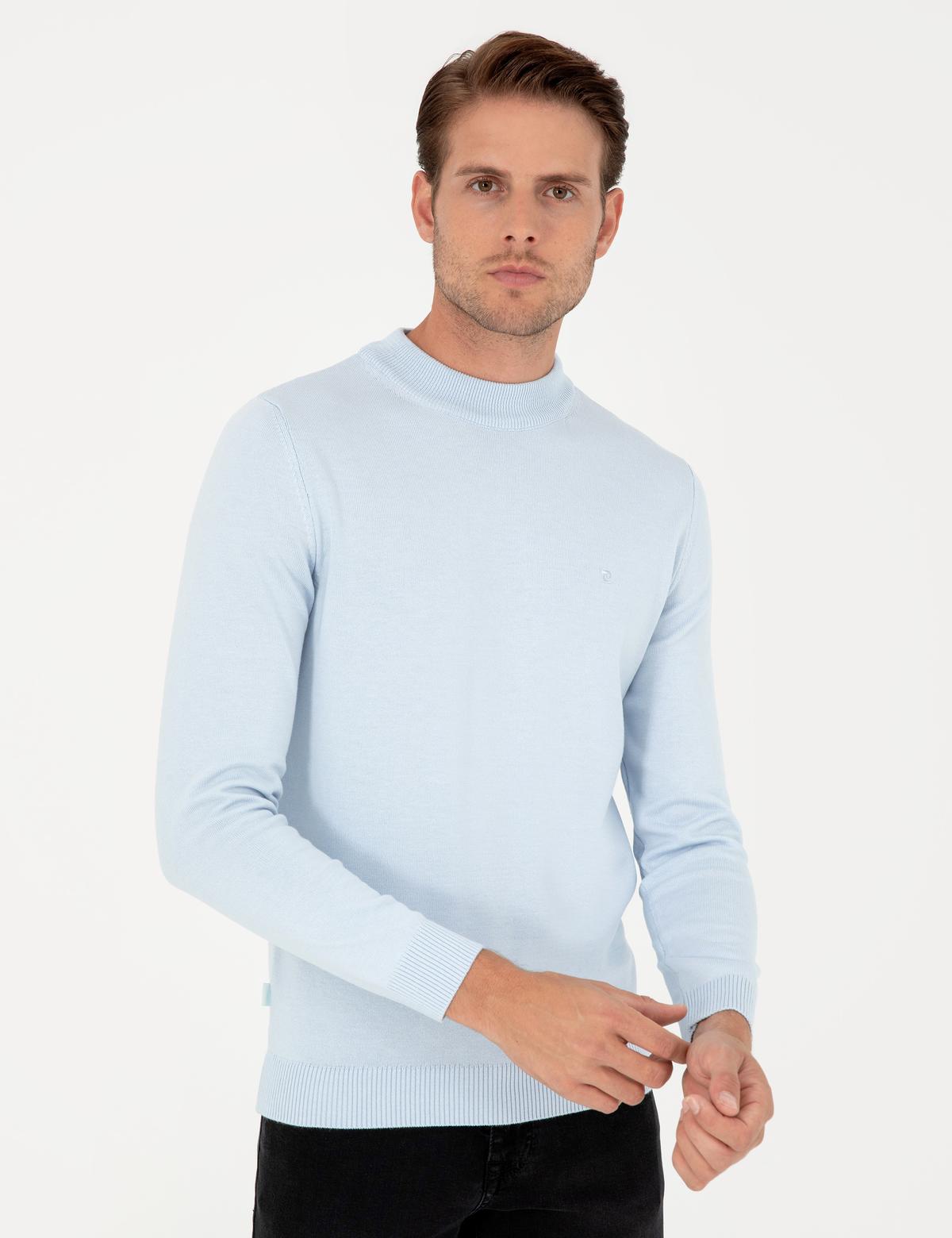 Açık Mavi Slim Fit Çeyrek Yaka Basic Triko Kazak - 50296564037