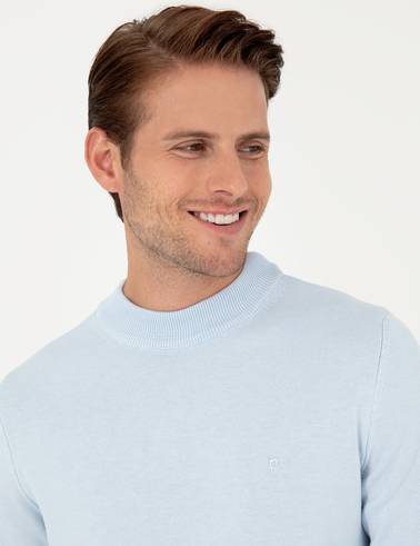 Açık Mavi Slim Fit Çeyrek Yaka Basic Triko Kazak