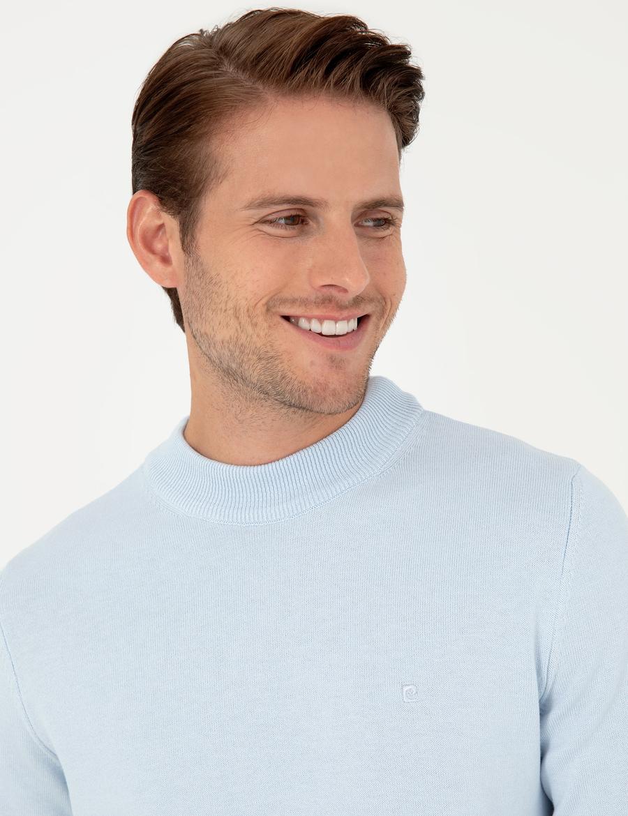 Açık Mavi Slim Fit Çeyrek Yaka Basic Triko Kazak