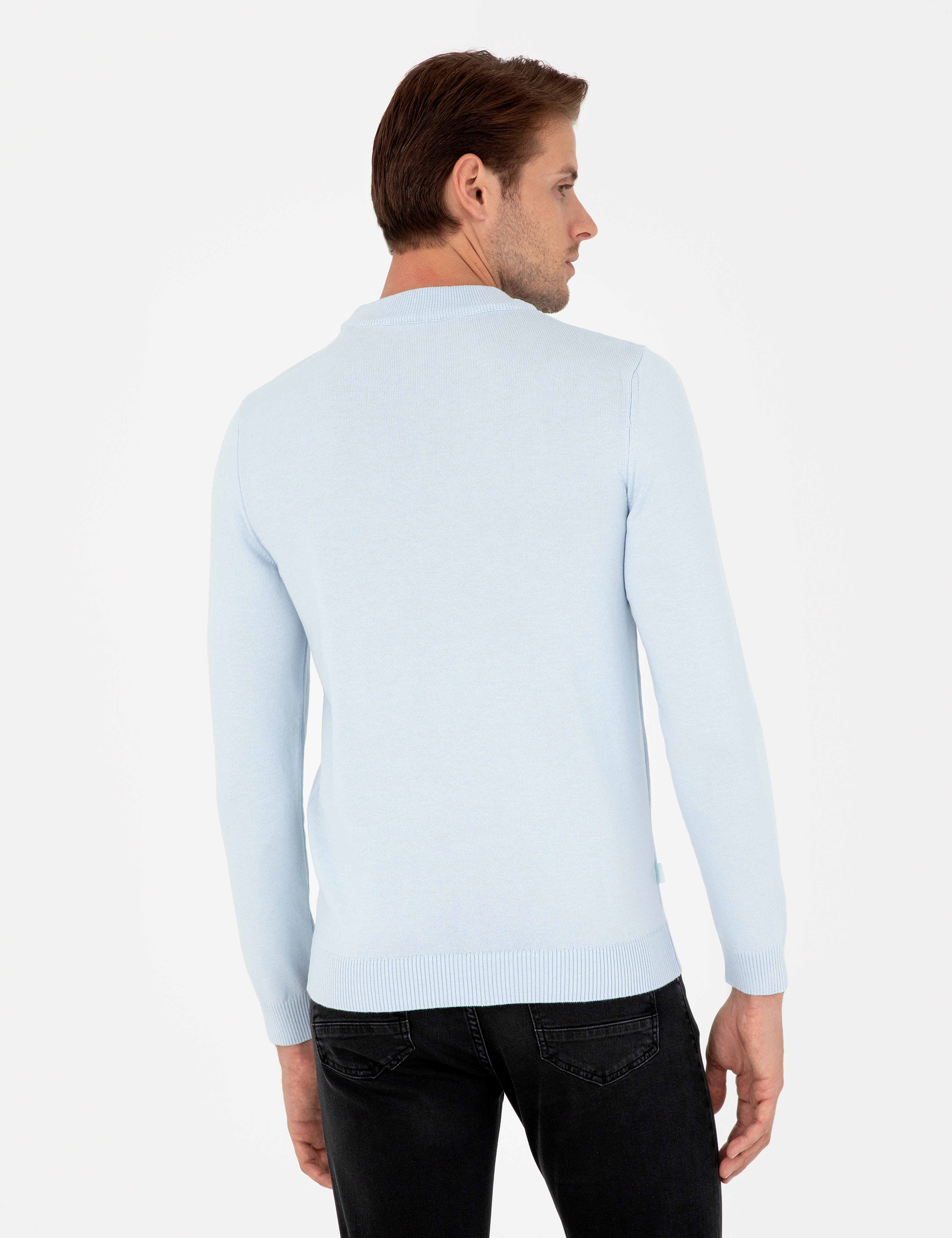 Açık Mavi Slim Fit Çeyrek Yaka Basic Triko Kazak - Image 5
