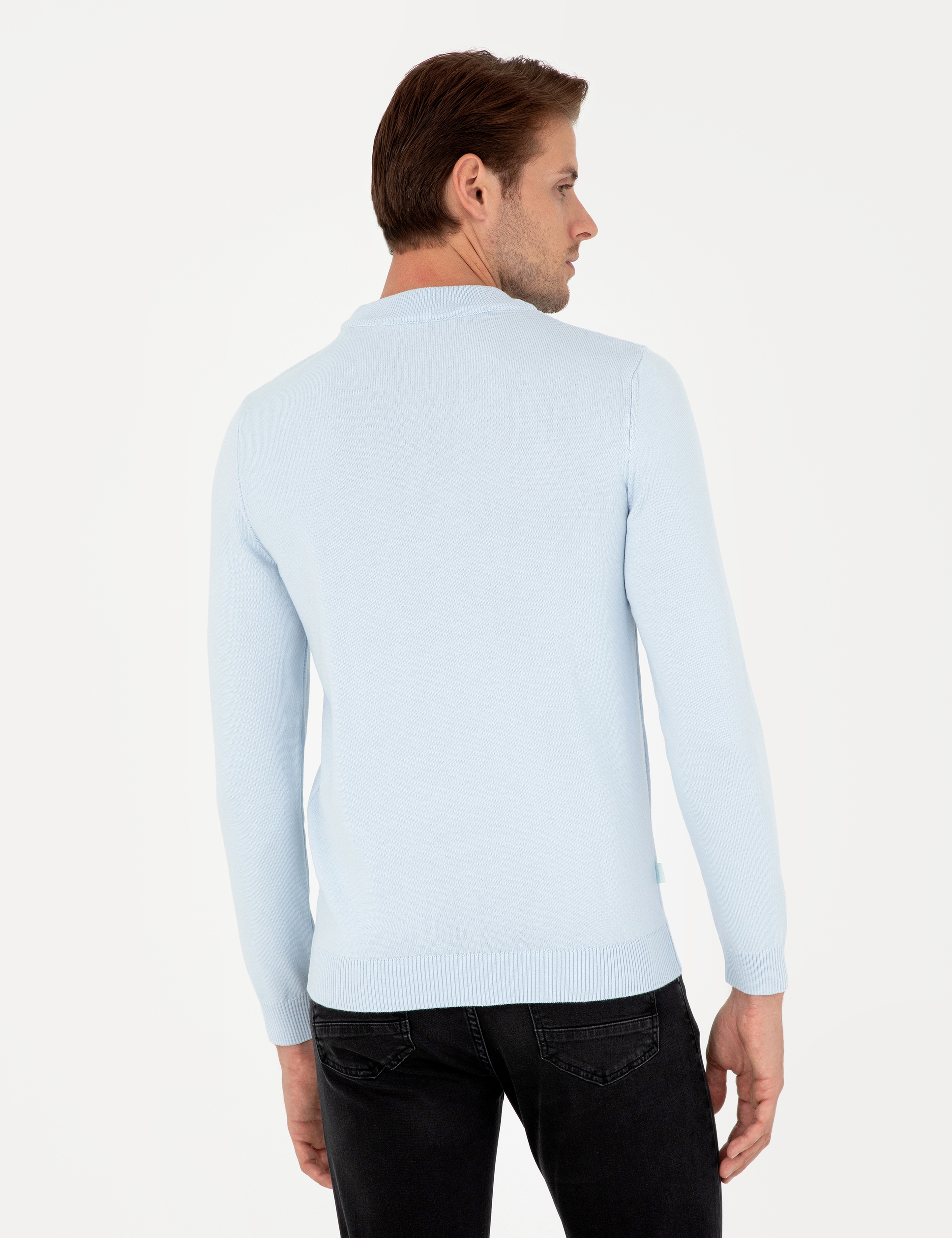 Açık Mavi Slim Fit Çeyrek Yaka Basic Triko Kazak