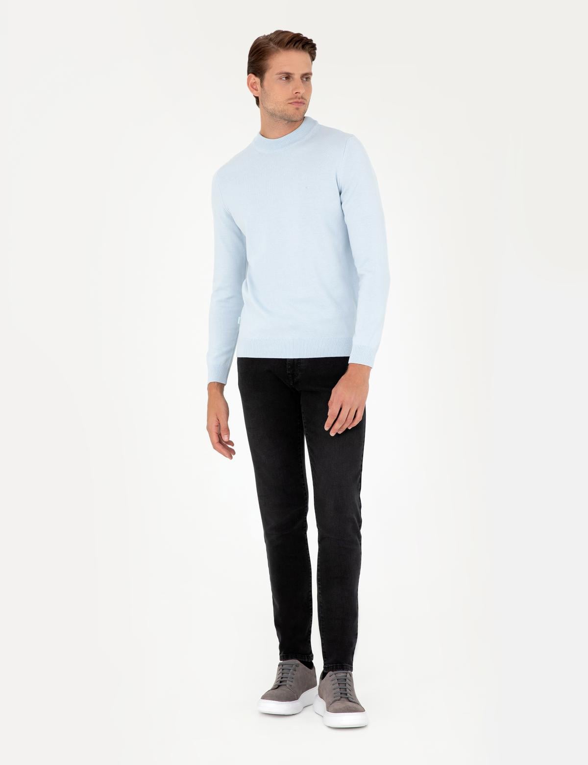 Açık Mavi Slim Fit Çeyrek Yaka Basic Triko Kazak - 50296564037