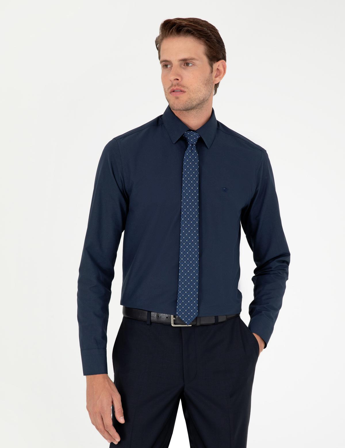 Lacivert Slim Fit Uzun Kollu Basic Gömlek