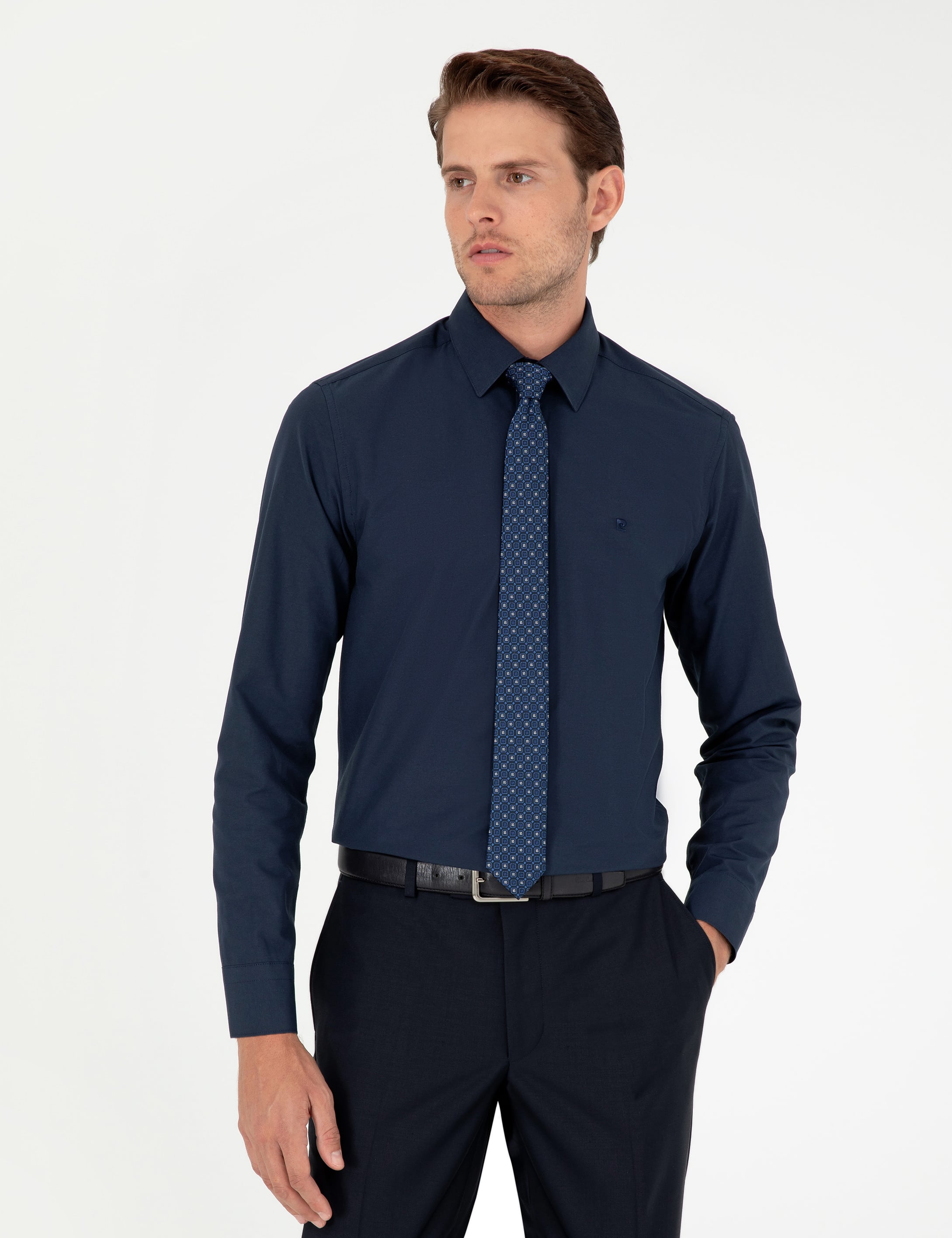 Lacivert Slim Fit Uzun Kollu Basic Gömlek - Image 1