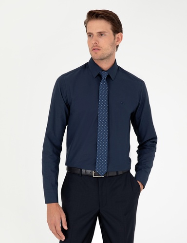 Lacivert Slim Fit Uzun Kollu Basic Gömlek