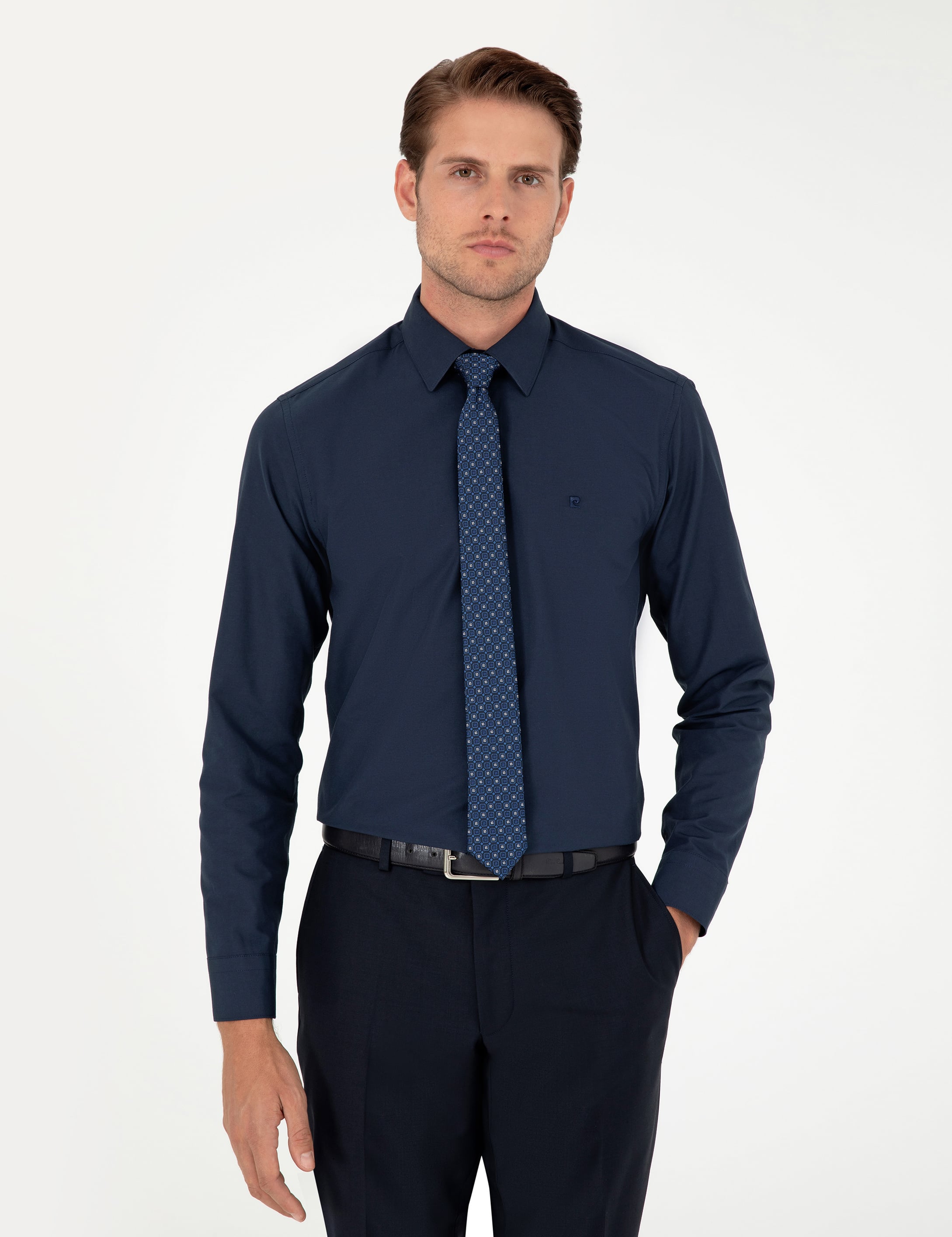 Lacivert Slim Fit Uzun Kollu Basic Gömlek - Image 3