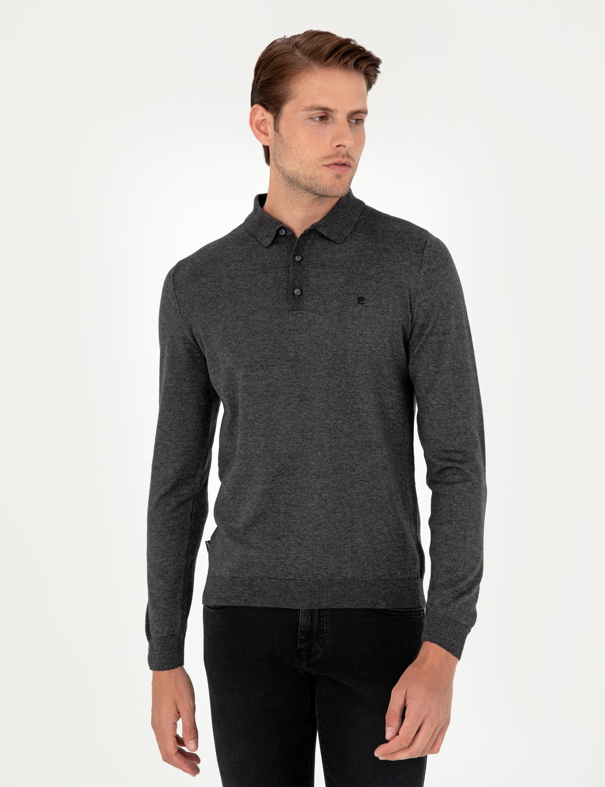 Antrasit Melanj Slim Fit Polo Yaka Basic Triko Kazak - 50296623037