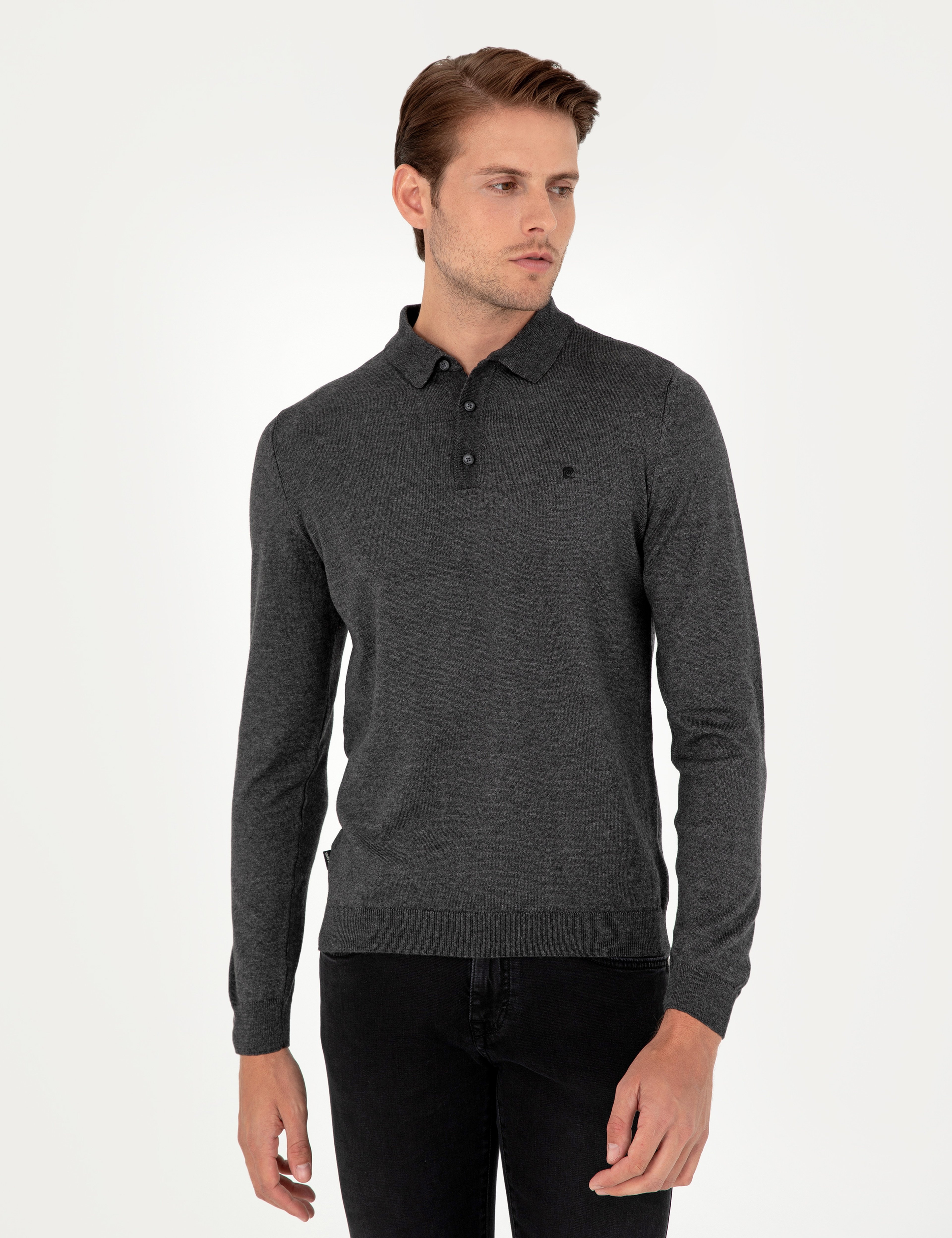 Antrasit Melanj Slim Fit Polo Yaka Basic Triko Kazak