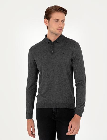 Antrasit Melanj Slim Fit Polo Yaka Basic Triko Kazak - 50296623037