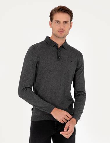 Antrasit Melanj Slim Fit Polo Yaka Basic Triko Kazak