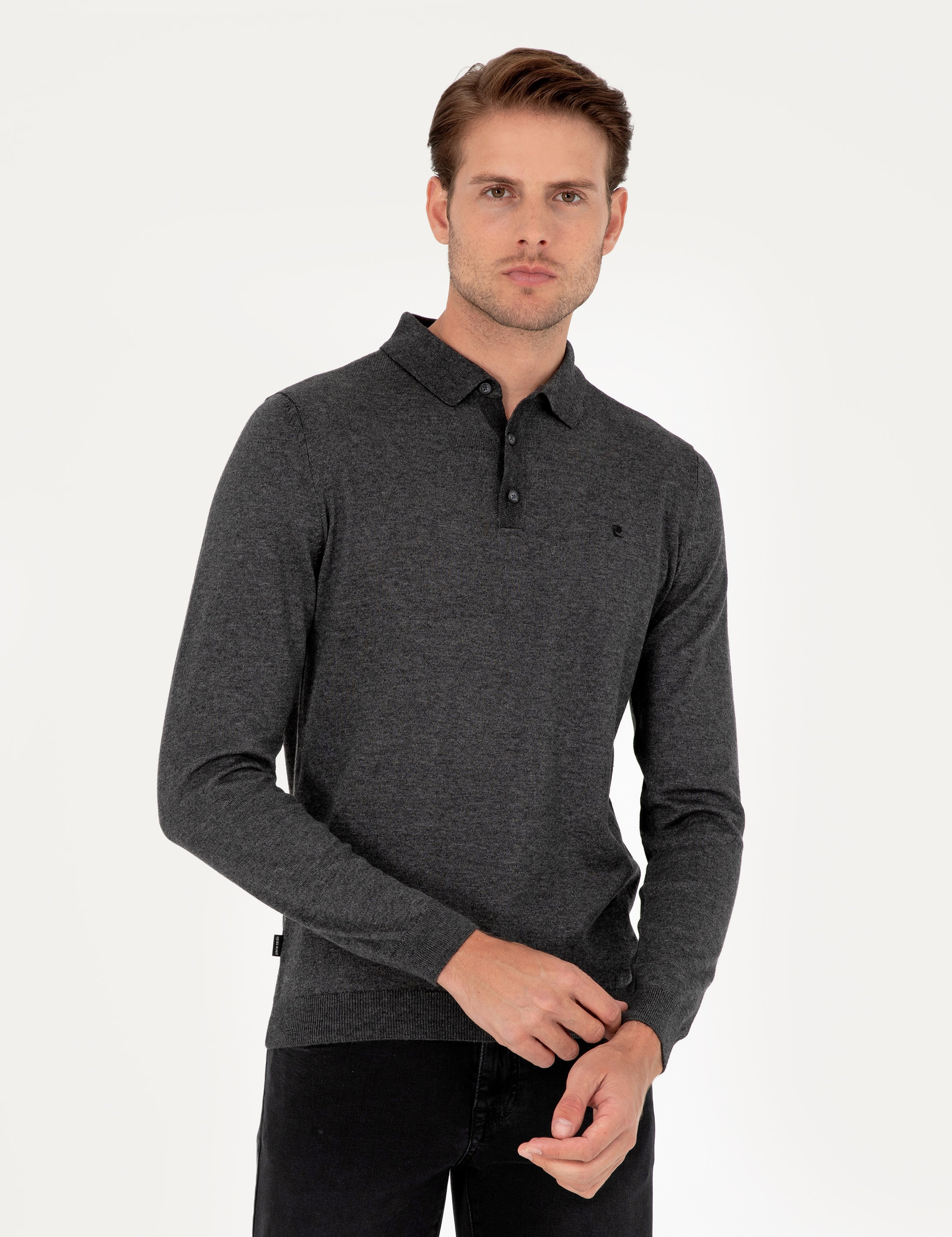 Antrasit Melanj Slim Fit Polo Yaka Basic Triko Kazak - Image 1