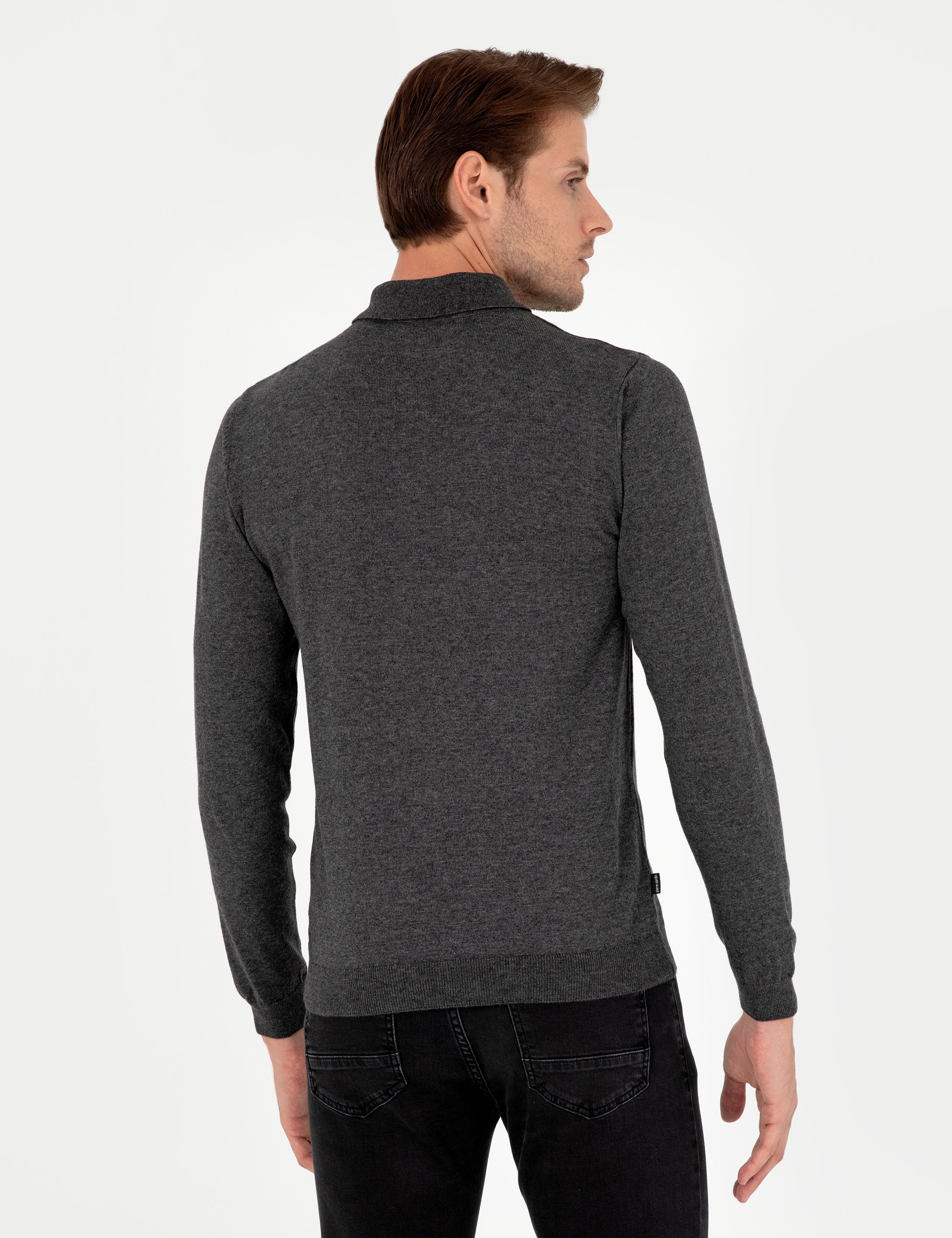 Antrasit Melanj Slim Fit Polo Yaka Basic Triko Kazak - Image 5