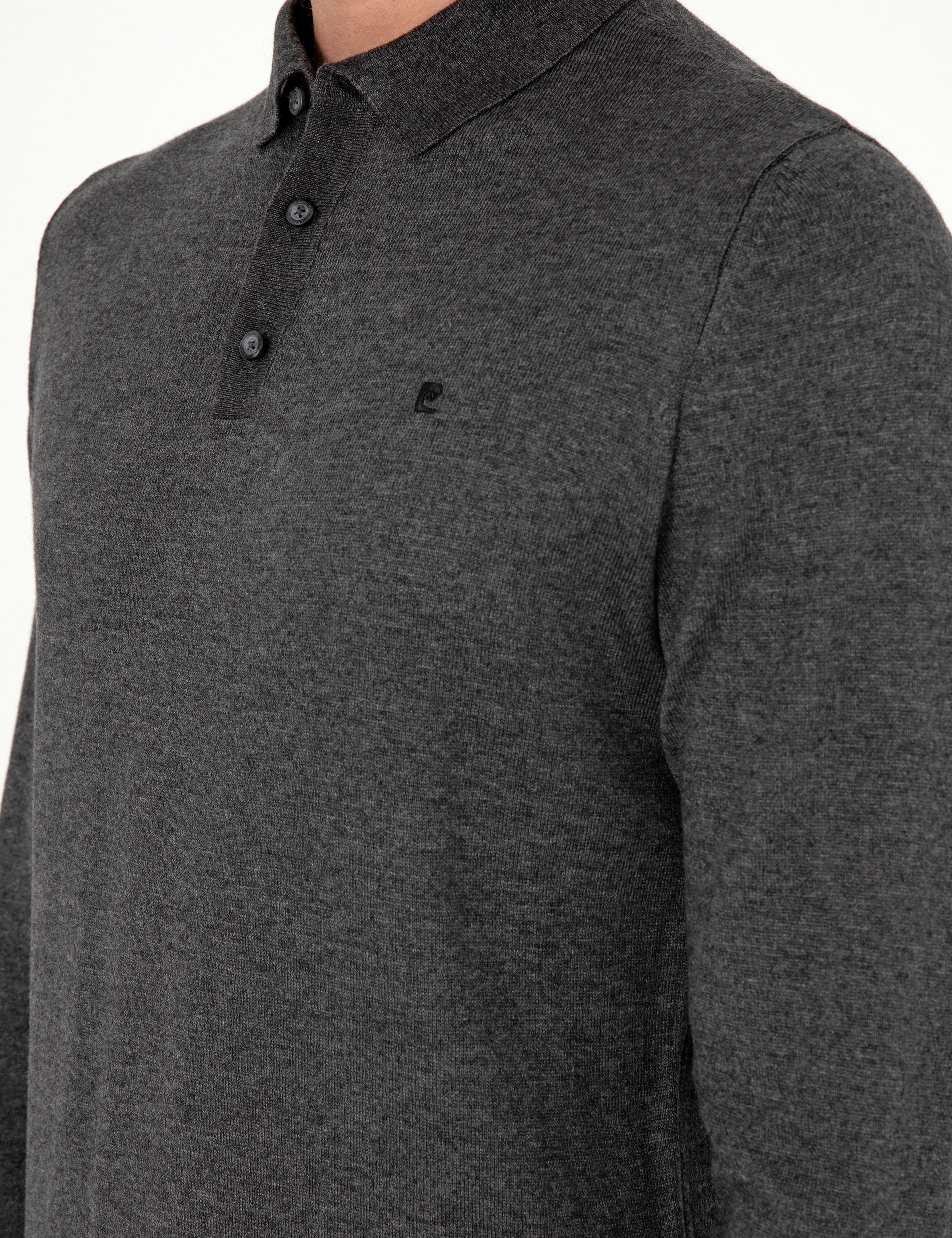Antrasit Melanj Slim Fit Polo Yaka Basic Triko Kazak - Image 7
