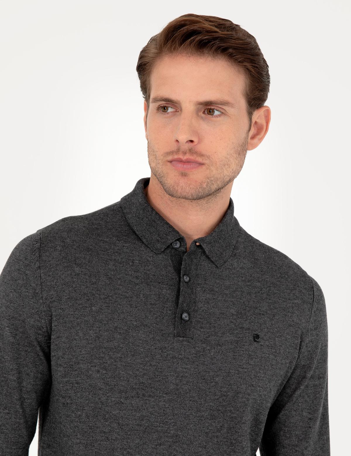 Antrasit Melanj Slim Fit Polo Yaka Basic Triko Kazak - 50296623037