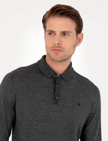 Antrasit Melanj Slim Fit Polo Yaka Basic Triko Kazak