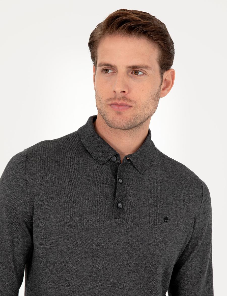 Antrasit Melanj Slim Fit Polo Yaka Basic Triko Kazak