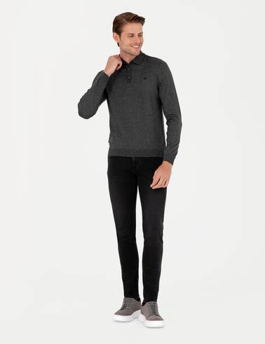 Antrasit Melanj Slim Fit Polo Yaka Basic Triko Kazak