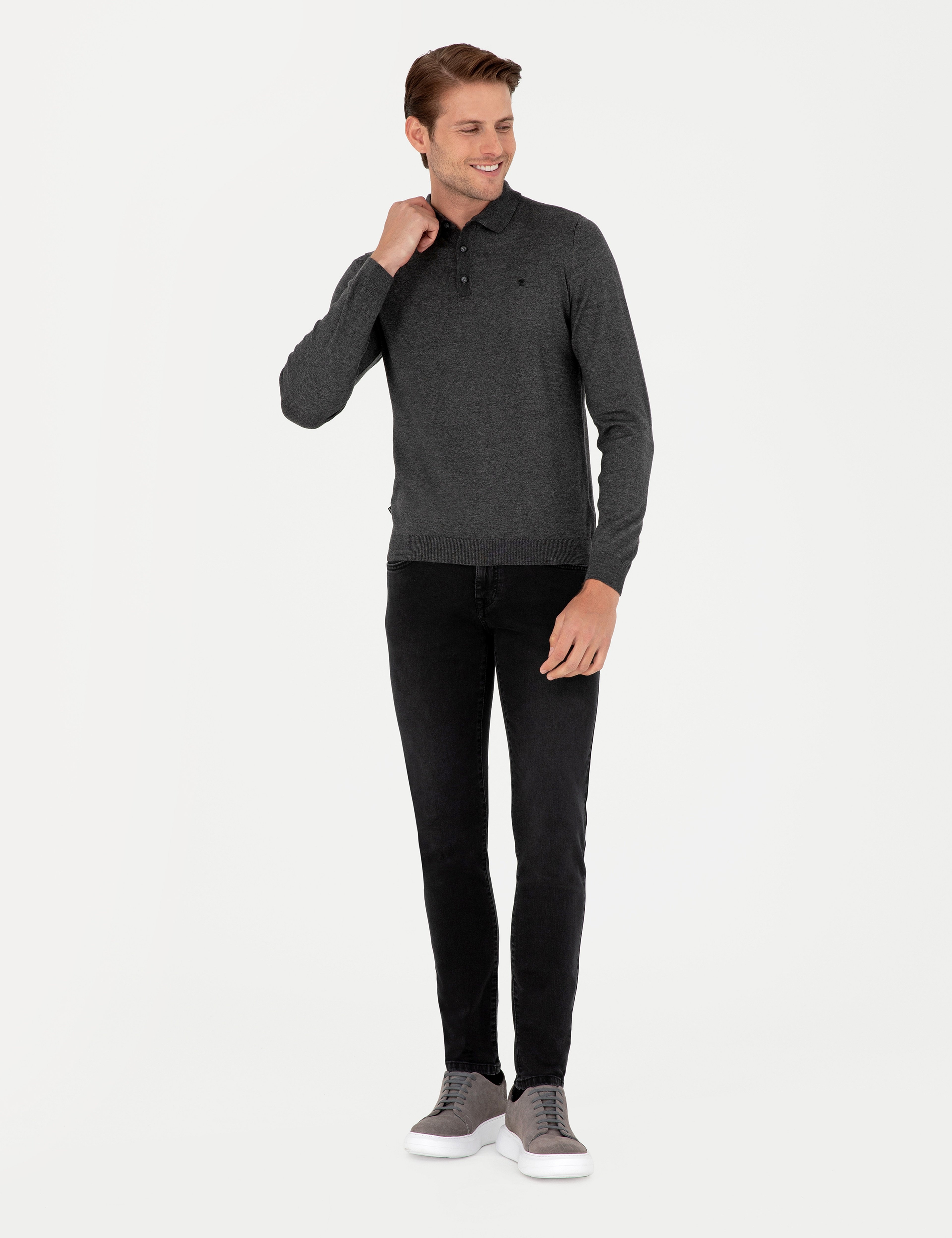 Antrasit Melanj Slim Fit Polo Yaka Basic Triko Kazak - Image 4