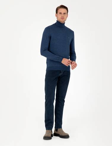 İndigo Melanj Slim Fit Balıkçı Yaka Basic Triko Kazak