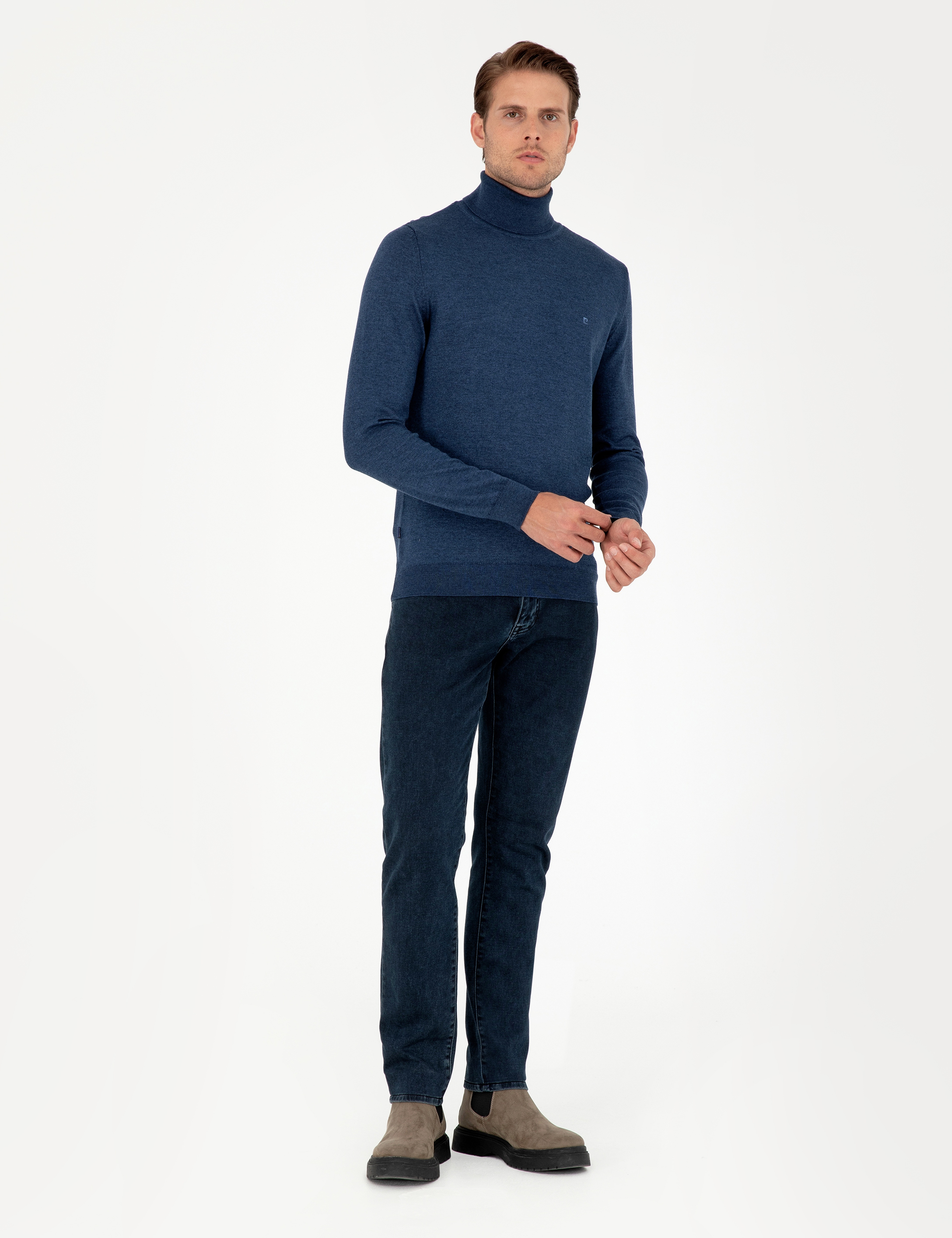 İndigo Melanj Slim Fit Balıkçı Yaka Basic Triko Kazak