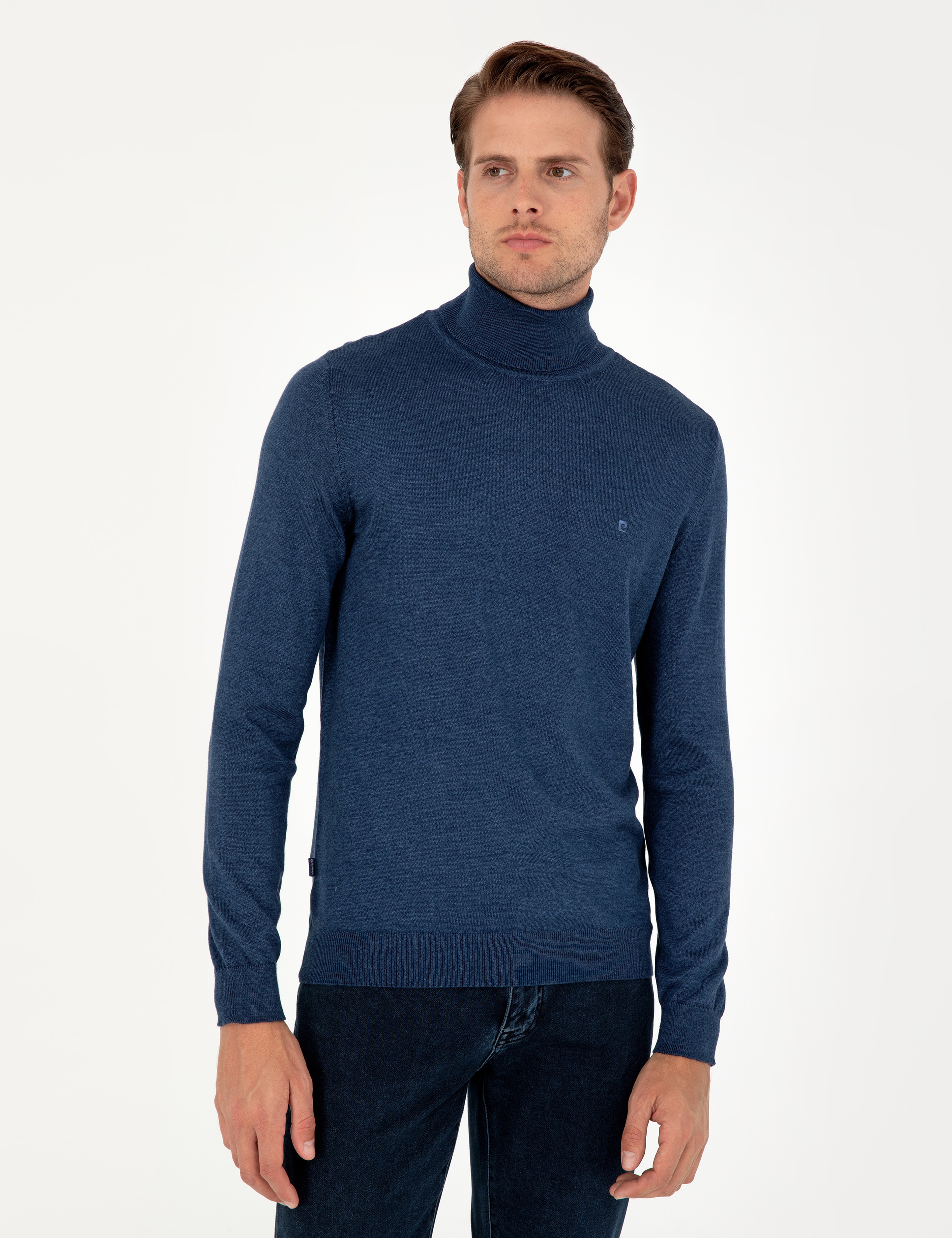İndigo Melanj Slim Fit Balıkçı Yaka Basic Triko Kazak