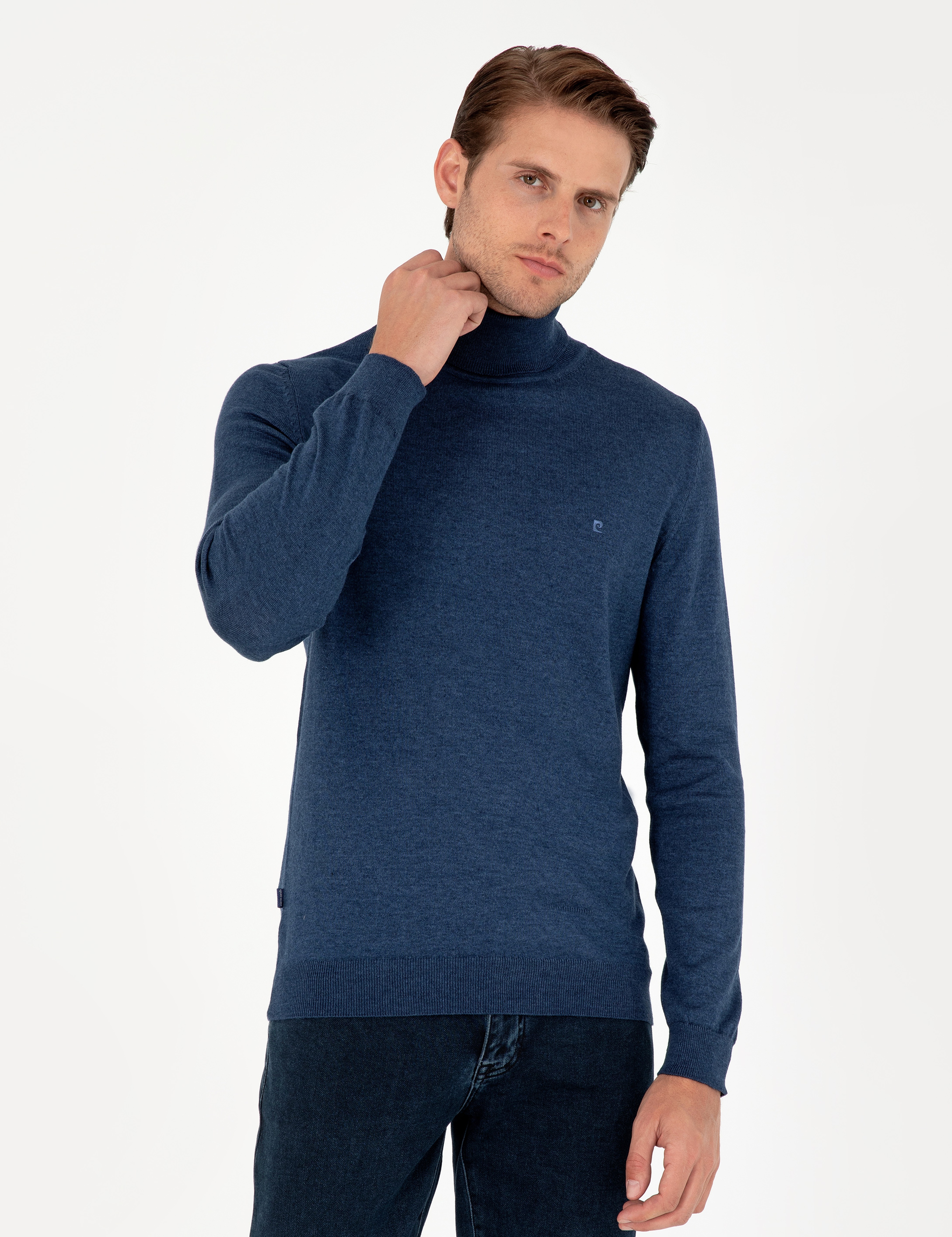İndigo Melanj Slim Fit Balıkçı Yaka Basic Triko Kazak - Image 1