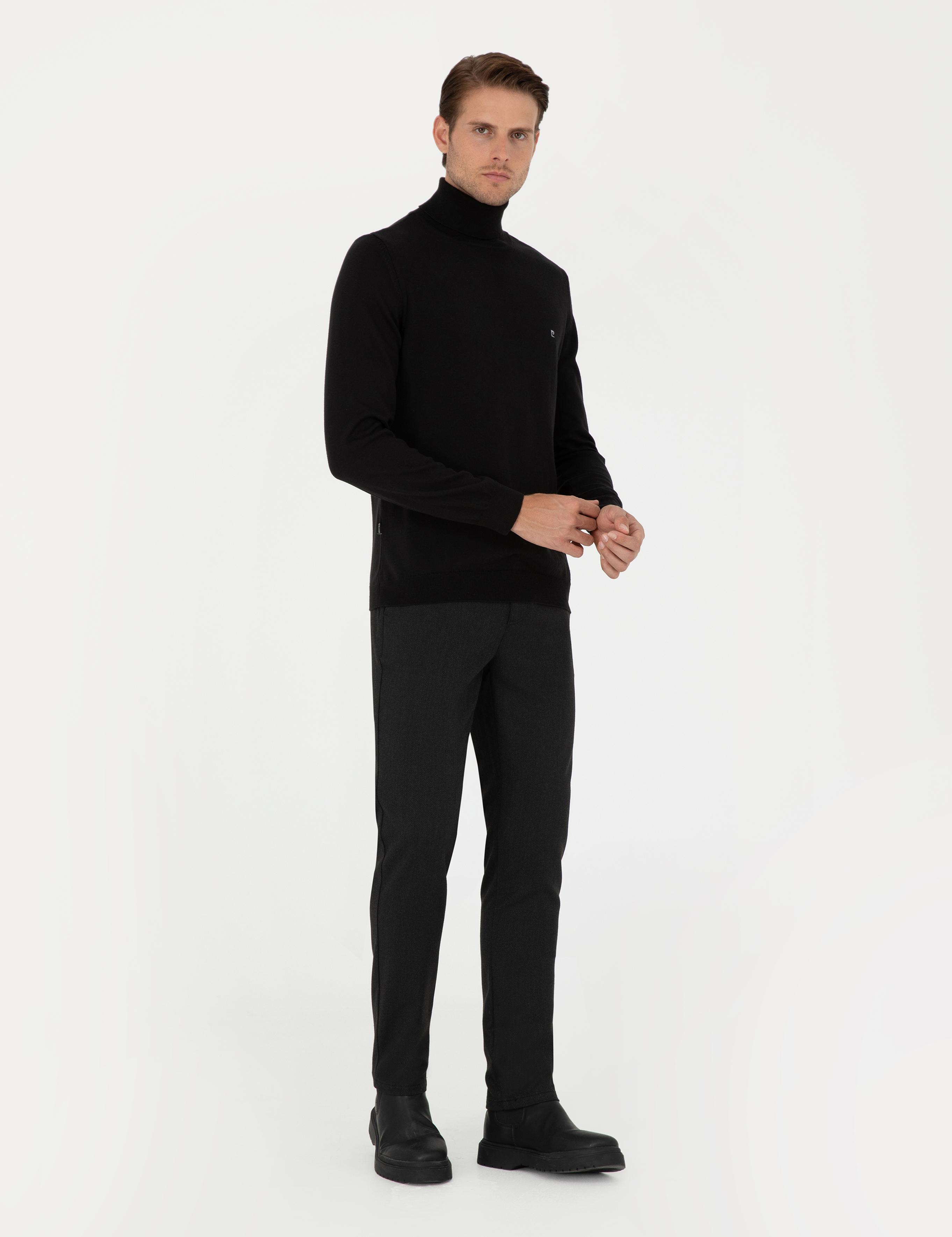 Siyah Slim Fit Balıkçı Yaka Basic Triko Kazak