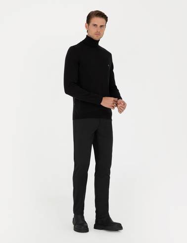 Siyah Slim Fit Balıkçı Yaka Basic Triko Kazak