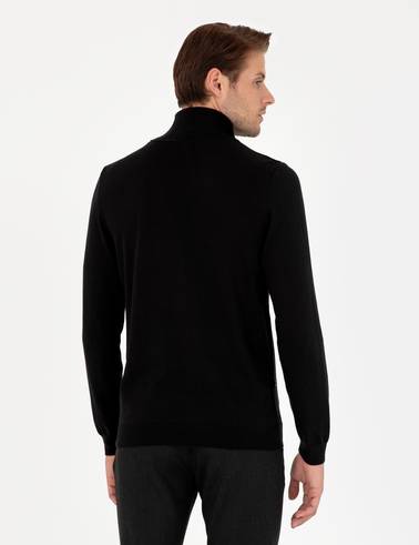 Siyah Slim Fit Balıkçı Yaka Basic Triko Kazak
