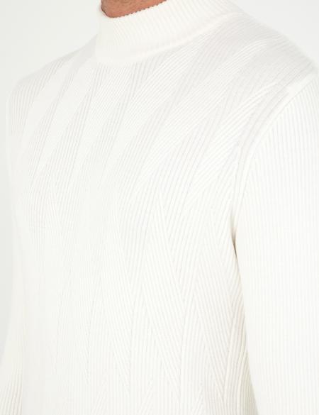 Ekru Slim Fit Yarım Balıkçı Yaka Yün Karışımlı Triko Kazak - 50296462001