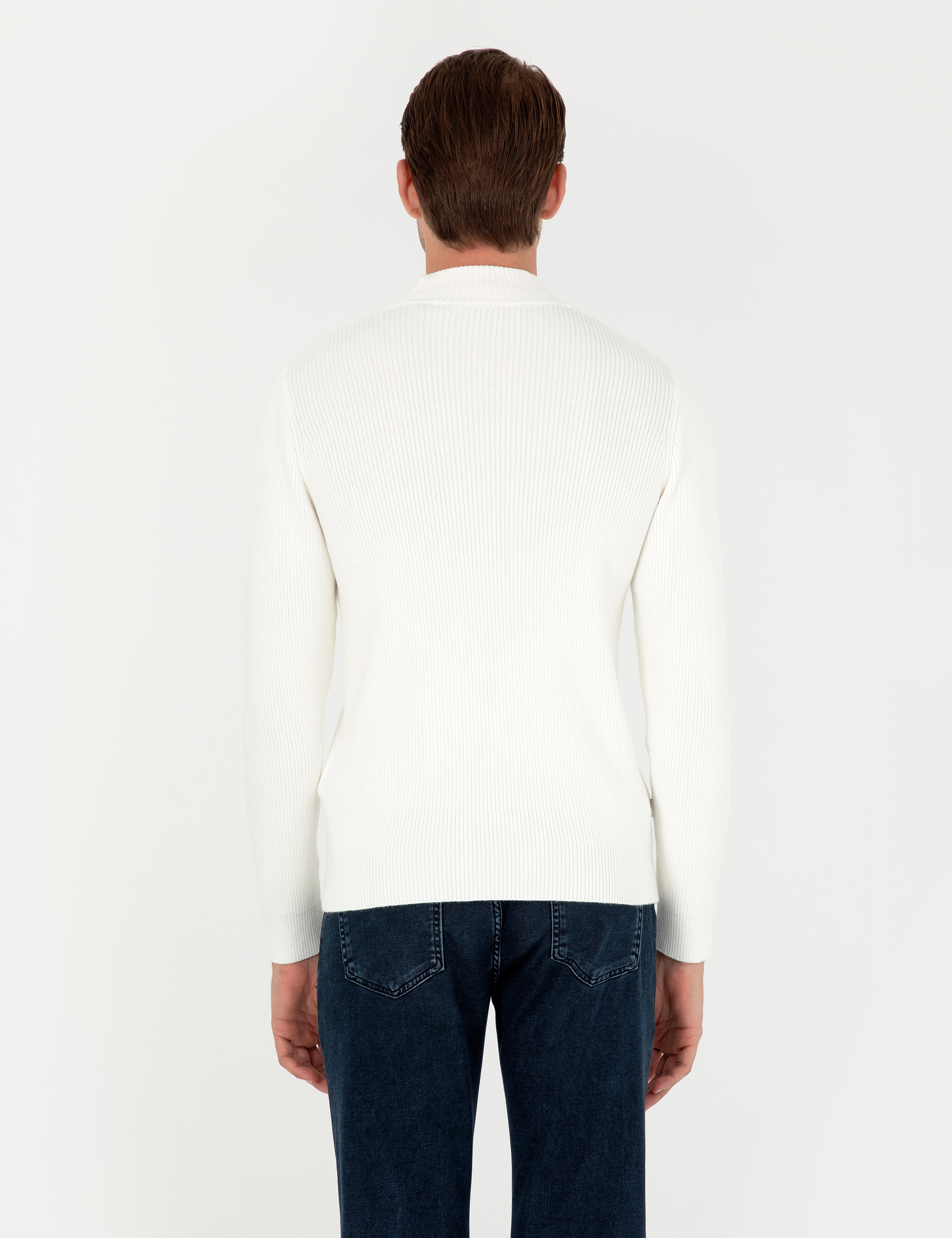 Ekru Slim Fit Yarım Balıkçı Yaka Triko Kazak - Image 5
