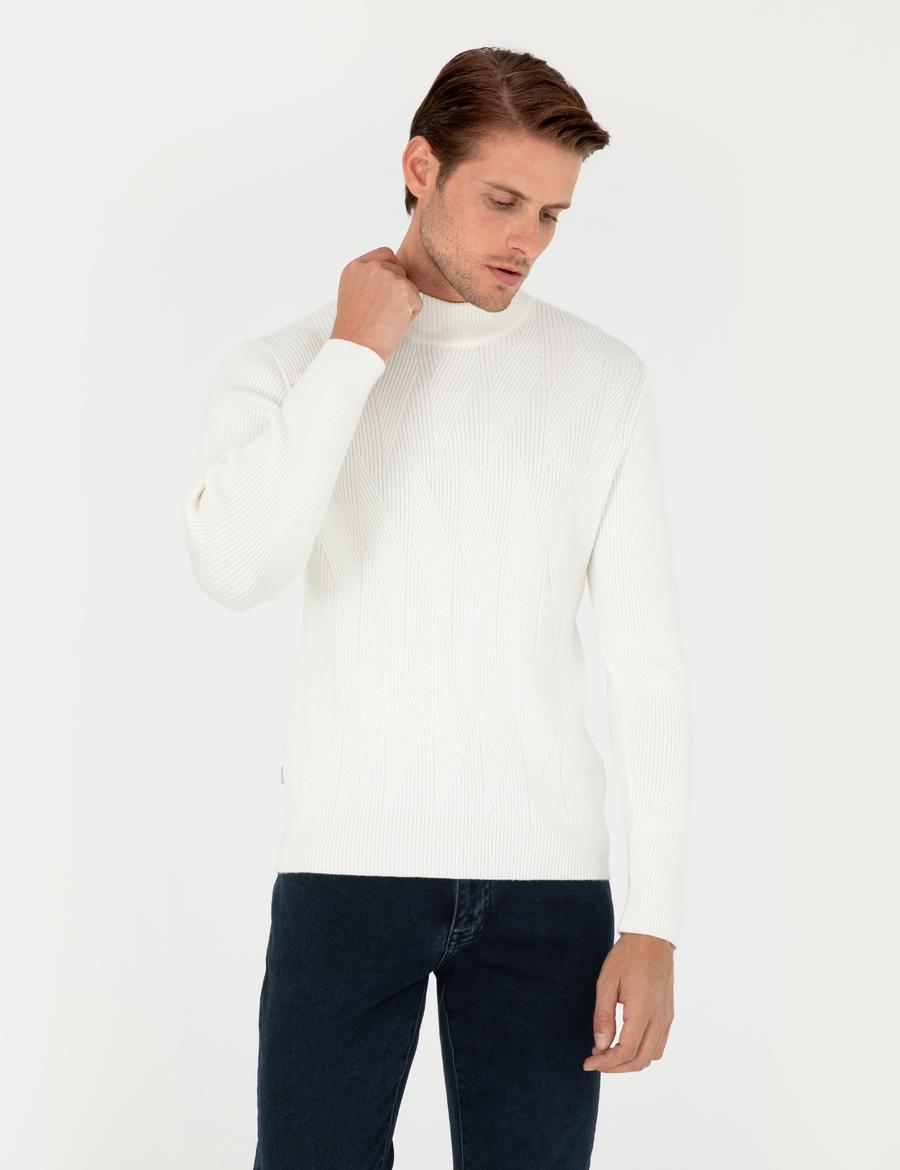 Ekru Slim Fit Yarım Balıkçı Yaka Yün Karışımlı Triko Kazak