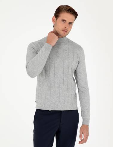 Gri Slim Fit Yarım Balıkçı Yaka Triko Kazak