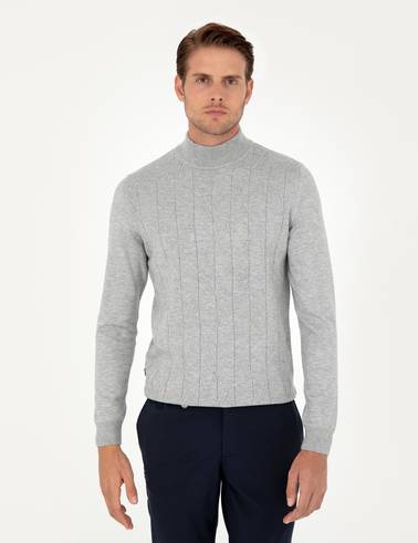 Gri Slim Fit Yarım Balıkçı Yaka Triko Kazak