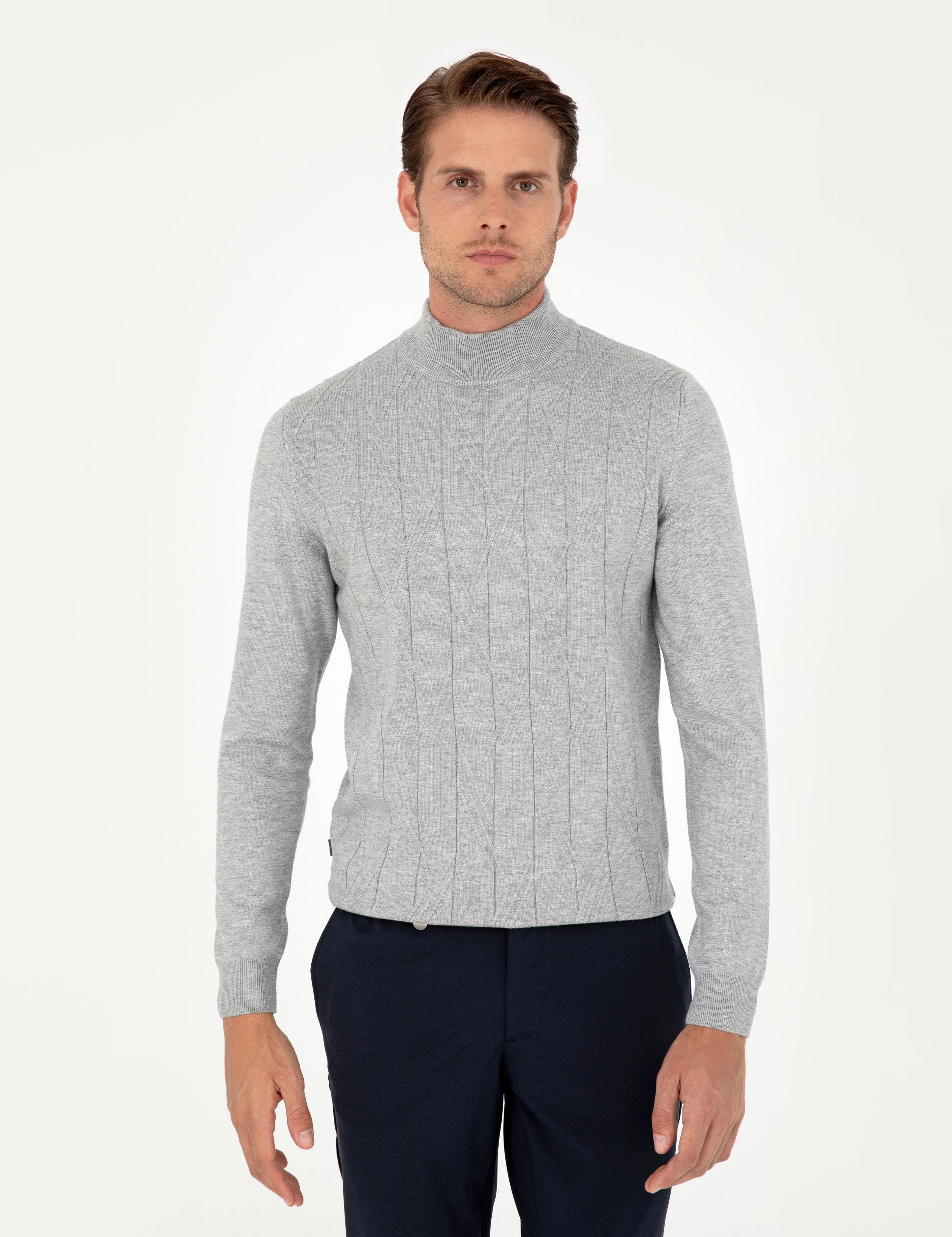 Gri Slim Fit Yarım Balıkçı Yaka Triko Kazak - Image 3