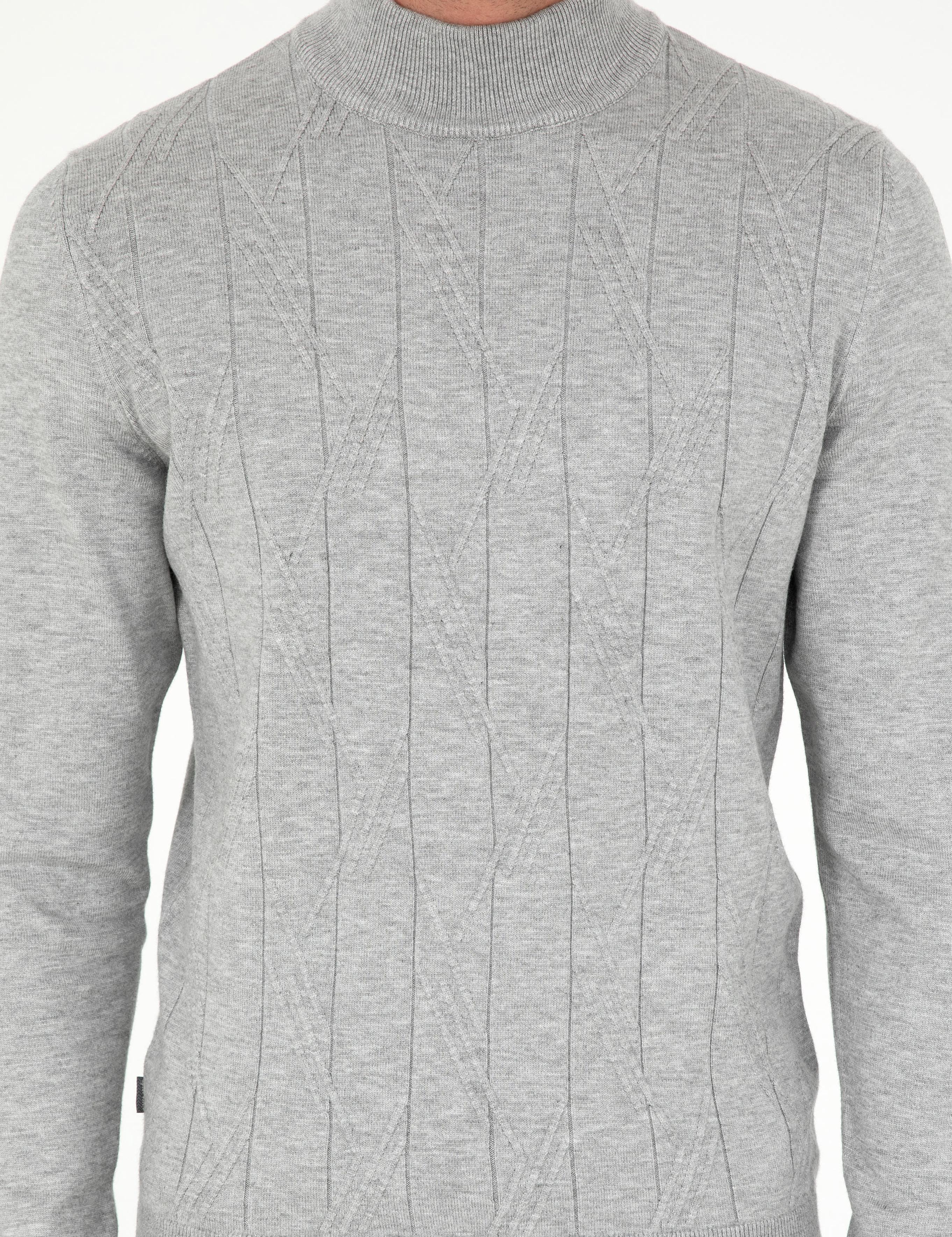 Gri Slim Fit Yarım Balıkçı Yaka Triko Kazak