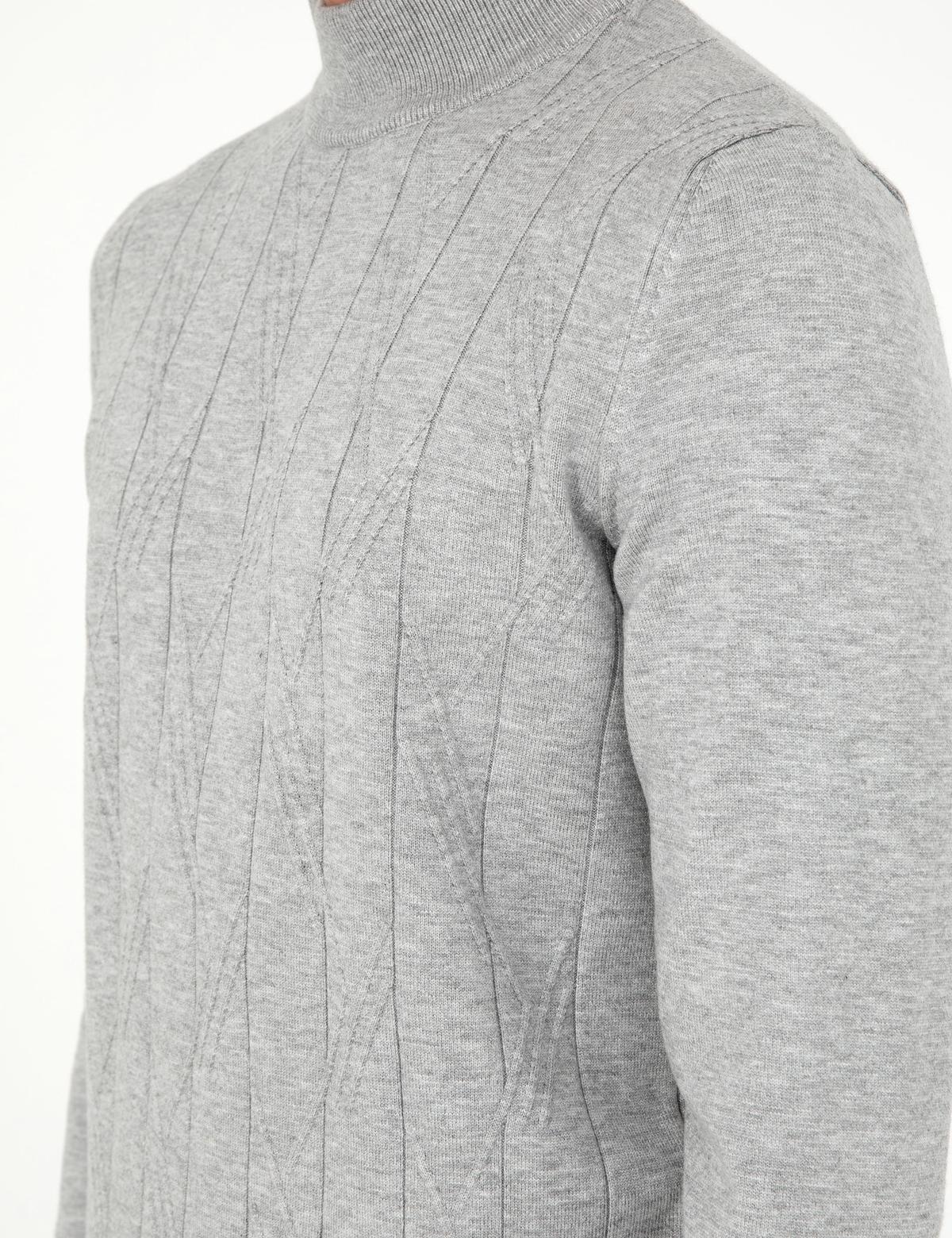 Gri Slim Fit Yarım Balıkçı Yaka Triko Kazak - 50296414013