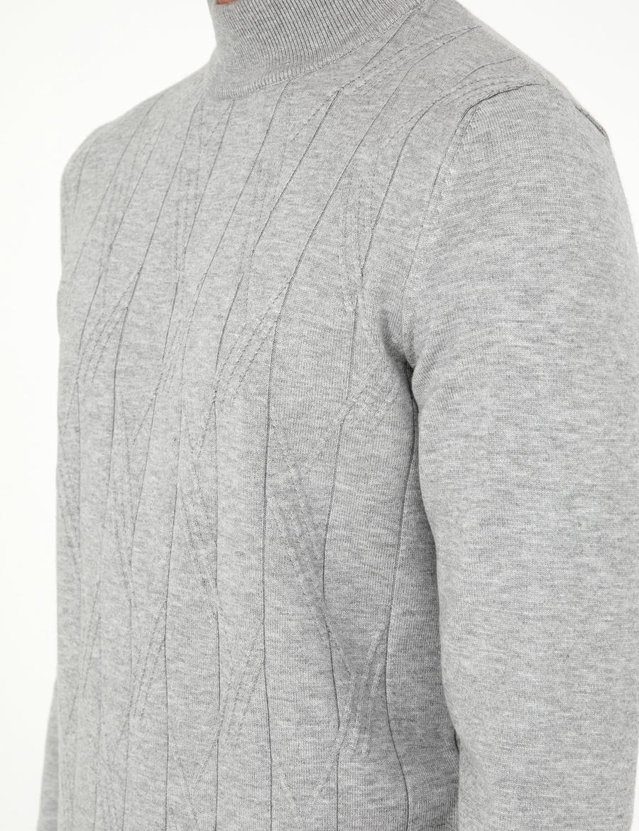 Gri Slim Fit Yarım Balıkçı Yaka Yün Karışımlı Triko Kazak