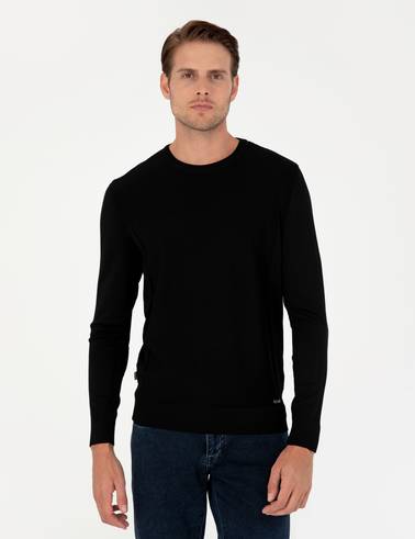 Siyah Slim Fit Bisiklet Yaka Triko Kazak