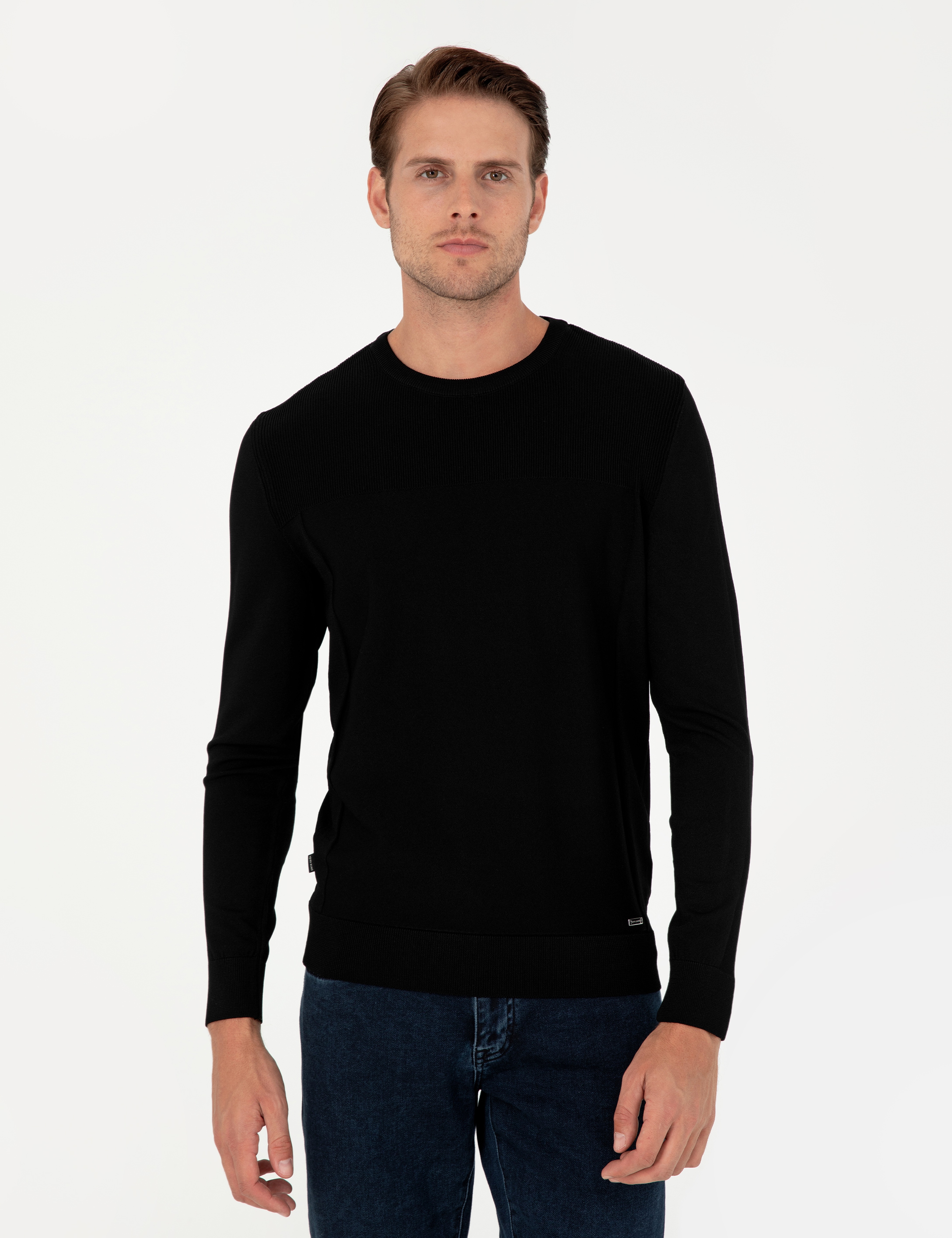 Siyah Slim Fit Bisiklet Yaka Triko Kazak - Image 3