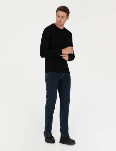 Siyah Slim Fit Bisiklet Yaka Triko Kazak