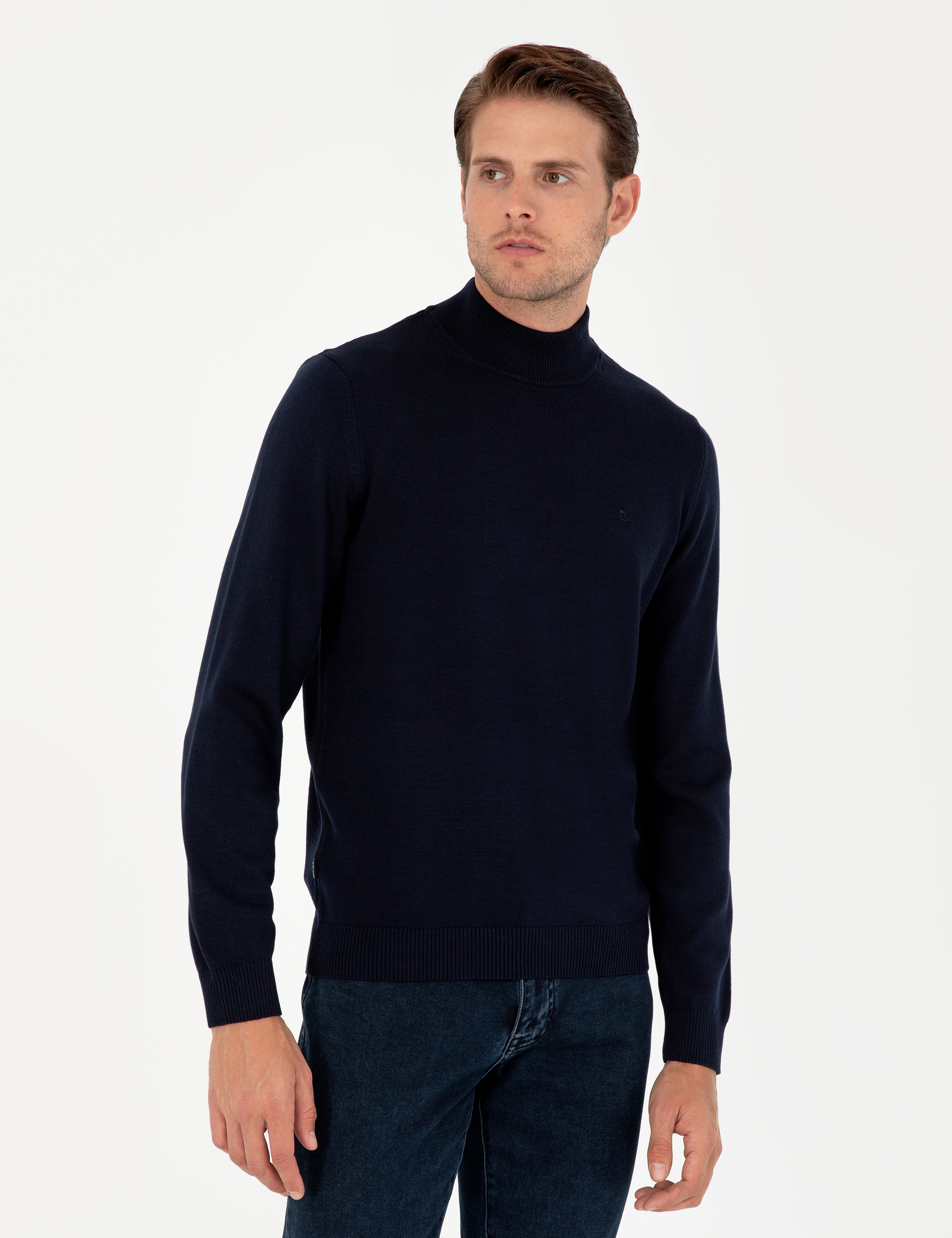 Lacivert Slim Fit Yarım Balıkçı Yaka Basic Triko Kazak - Image 1