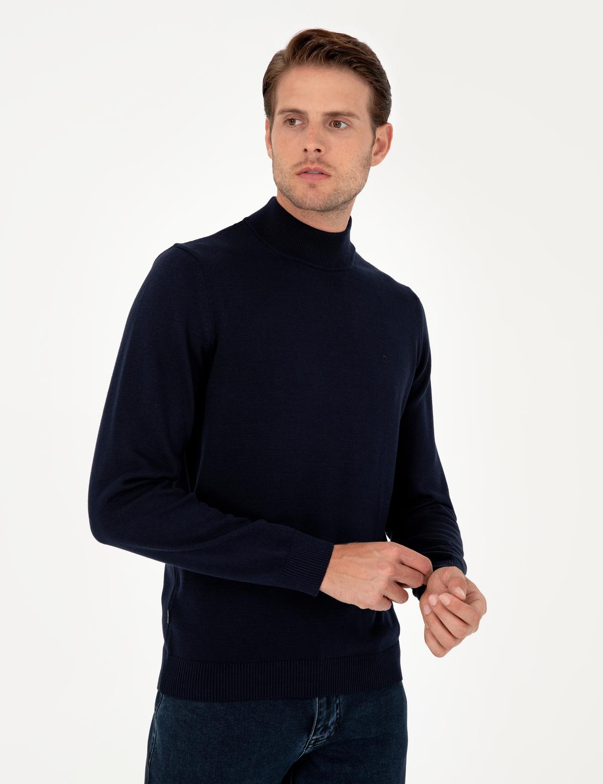 Lacivert Slim Fit Yarım Balıkçı Yaka Basic Triko Kazak - 50296548014