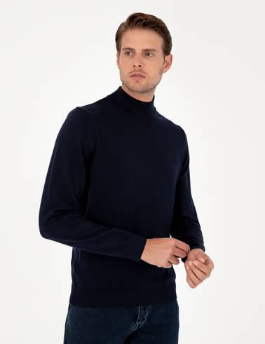 Lacivert Slim Fit Yarım Balıkçı Yaka Basic Triko Kazak