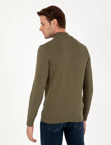 Koyu Haki Slim Fit Yarım Balıkçı Yaka Basic Triko Kazak